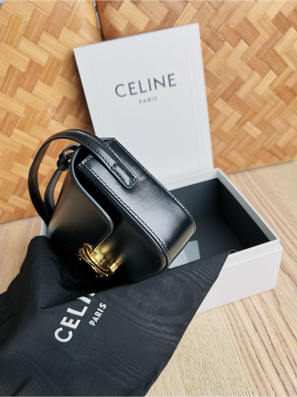 Celine Black Leather Shoulder Bag with Gold Triomphe - Picture 2 of 9